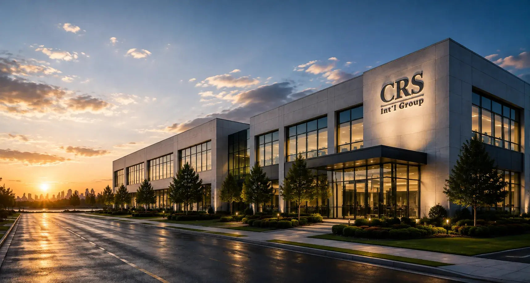 Modern textile company headquarters at dusk