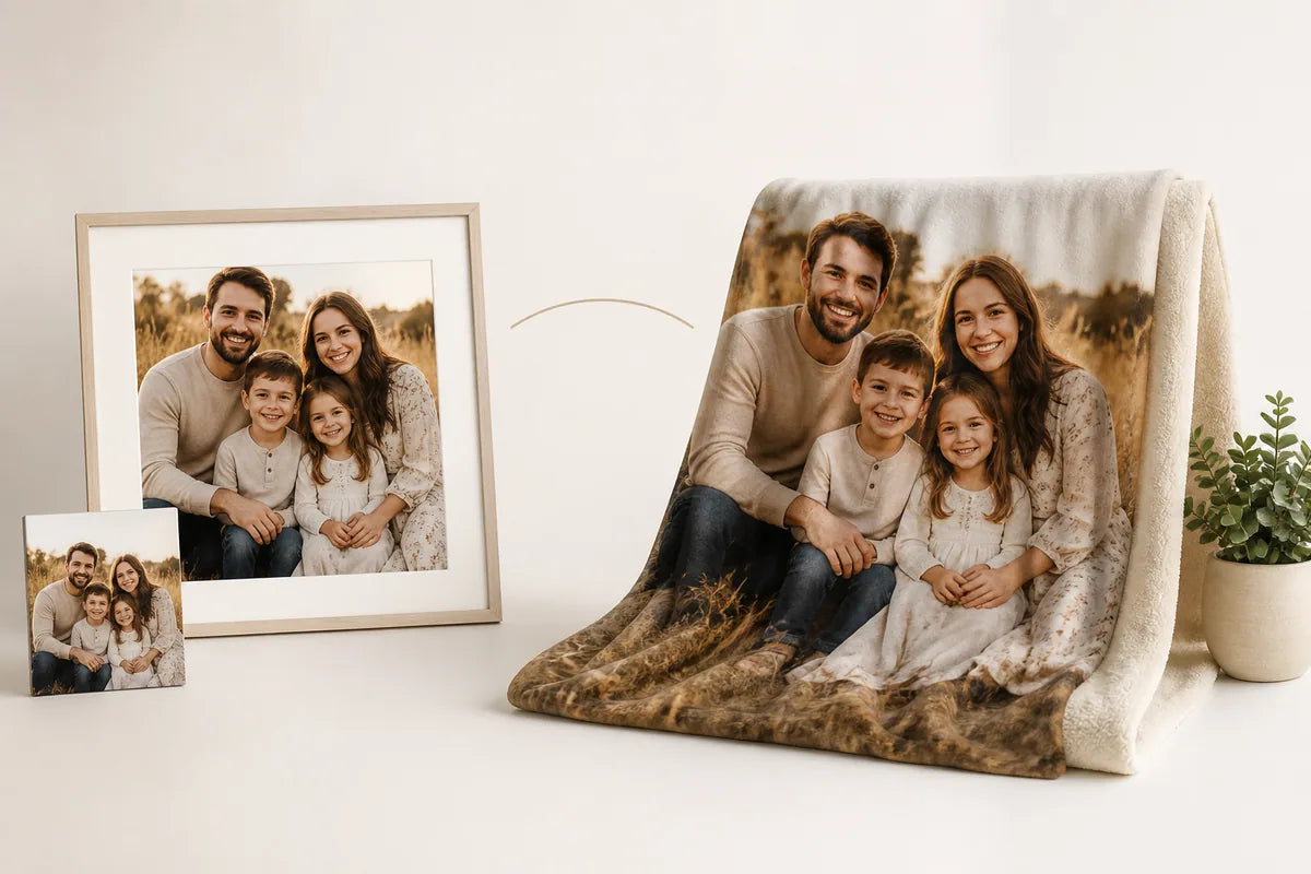 A family photograph transformed into a personalized blanket