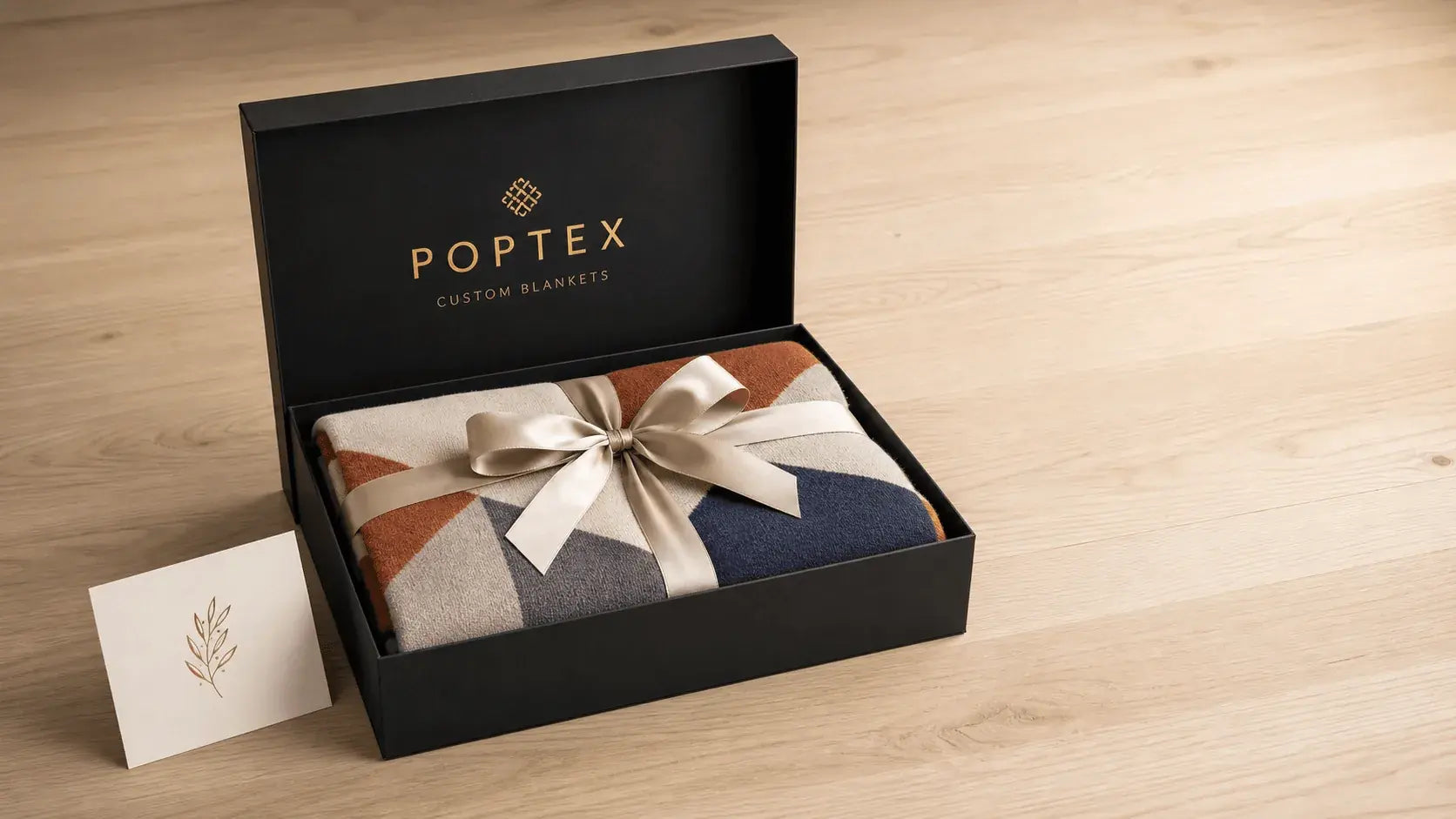 Premium Poptex gift box packaging with ribbon-wrapped blanket