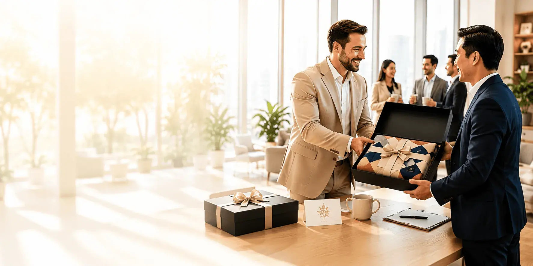 Corporate executives presenting a Poptex custom blanket gift box