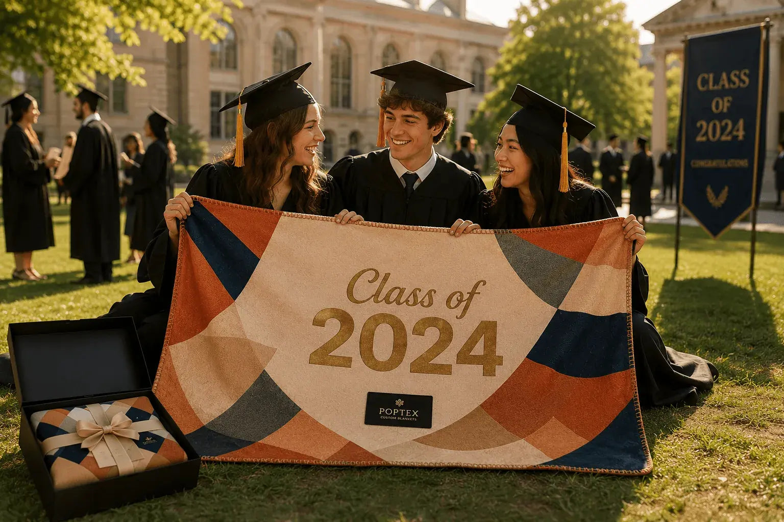 Graduates holding a Class of 2024 custom blanket