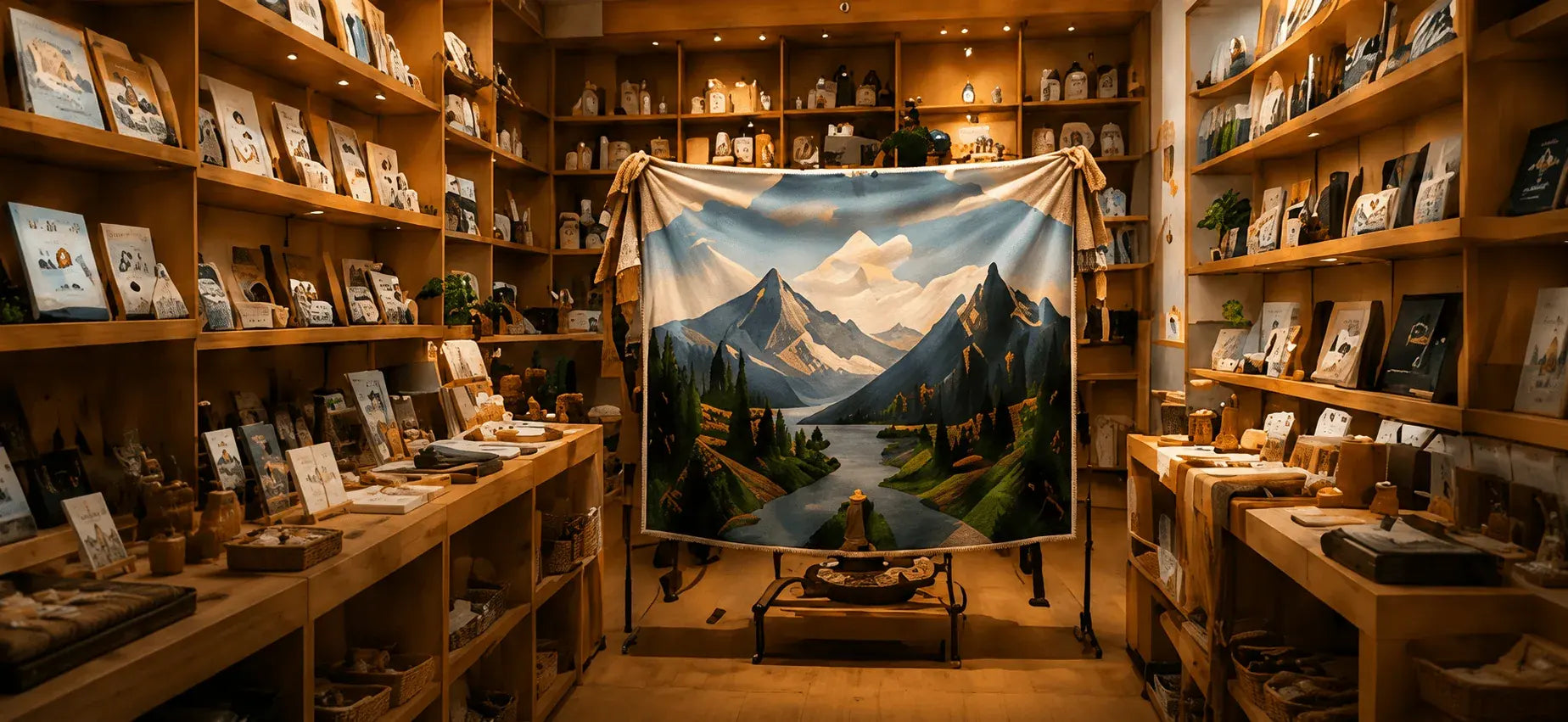 Souvenir shop displaying a scenic blanket