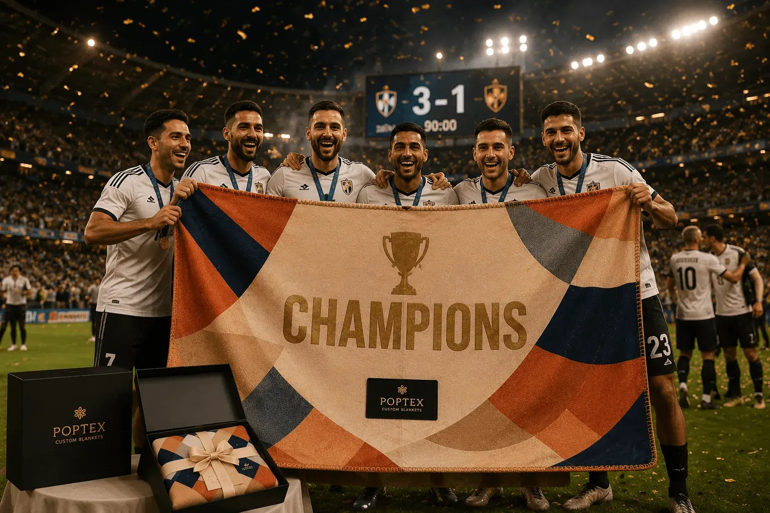 Sports team holding a champions blanket