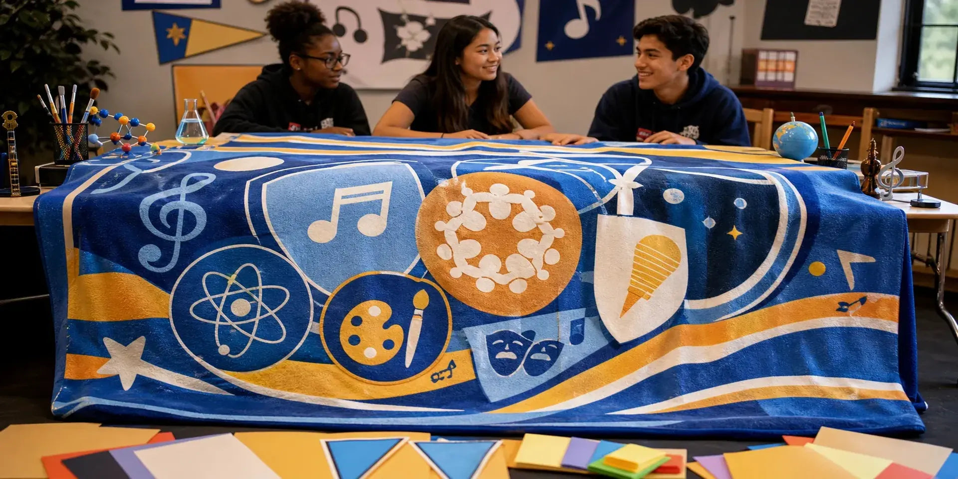 Graduates holding a custom blanket keepsake